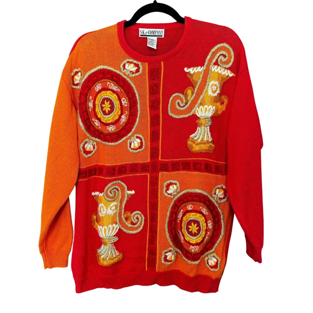 Vintage Grecian Embroidered Sweater M Eccentric Artsy Geometric Maximalist‎ 90s